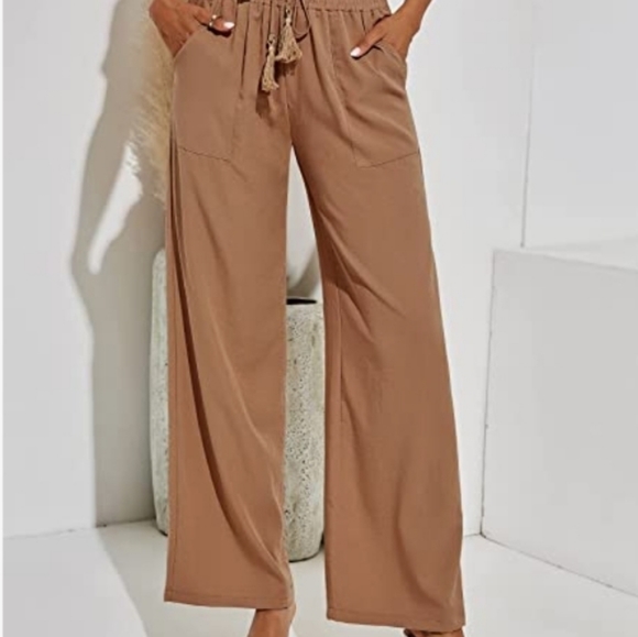 Women's Cotton Linen Pants Loose Elastic Waist Beach Trousers Size Large Coffee - Picture 2 of 3